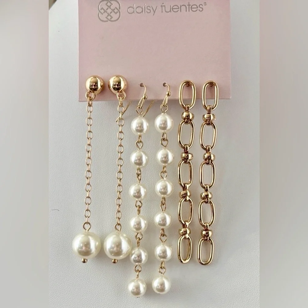 Daisy Fuentes 3 pk. Goldtone chains,pearl like,post & fishhook dangle earrings